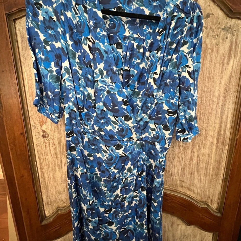 Blue Midi Dress with Ruched Wrap and Puff Sleeves